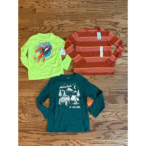 Boys 7/8 M Lot of‎ 3 Long Sleeve Tshirts NEW Basketball Stripes Camping
