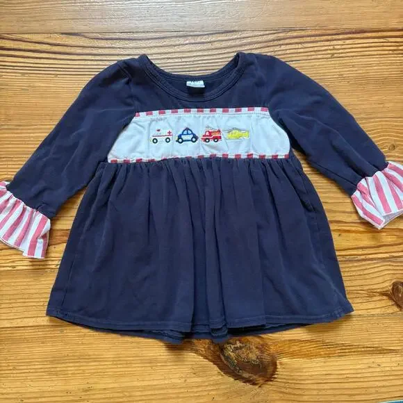 Boutique blue long sleeve ruffle first responders‎ vehicle toddler shirt SIZE 3T