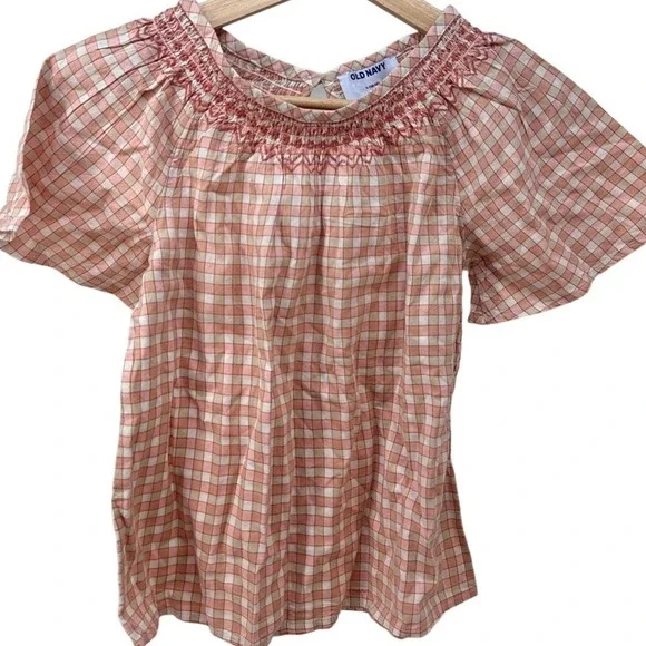 Old Navy Girls Gingham Blouse L Smocked Pink Orange Plaid Top Cottagecore Preppy