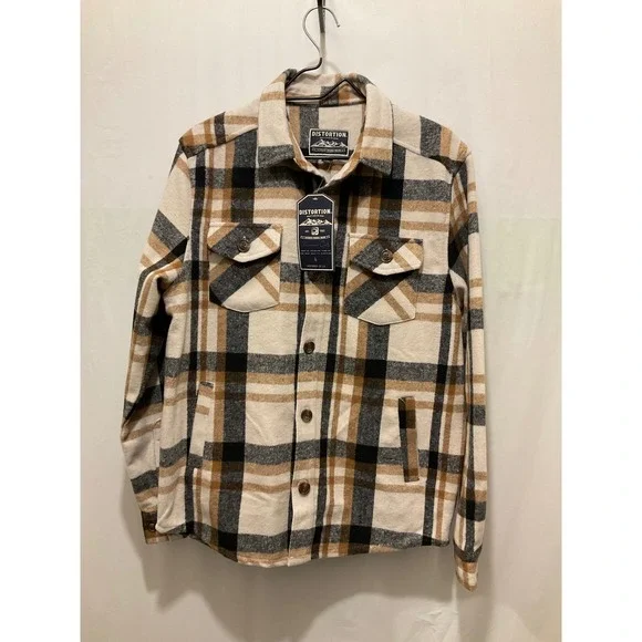 Distortion Mens Plaid Flannel Shirt Jacket Tan Black Cream Button Up‎ Small NEW