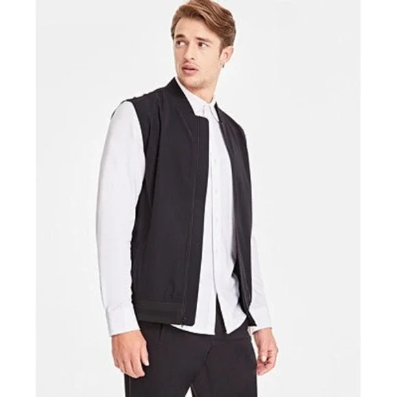 Alfani Mens Alfatech Zipper Vest Deep Black Stretch Bomber Collar Medium NEW