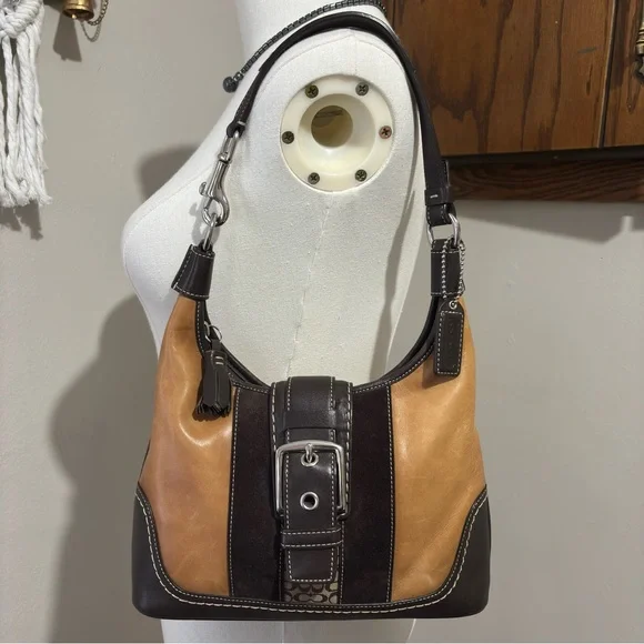 Coach Vintage Two Tone Leather Hobo Purse Jacquard Monogram Canvas Brown