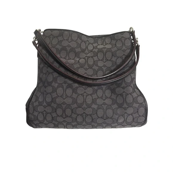 Coach Signature Jacquard Hobo Shoulder Bag Charcoal Grey Black Monogram Canvas