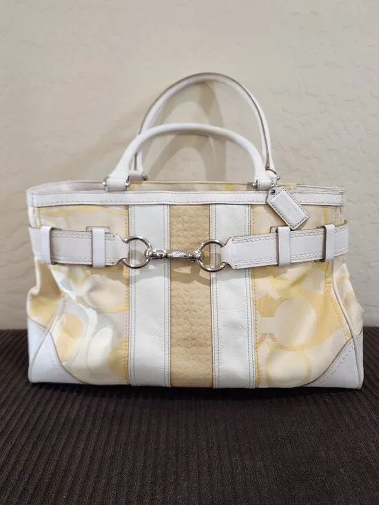 Coach Hampton Optic Signature Stripe Yellow White Double Handle Shoulder Bag