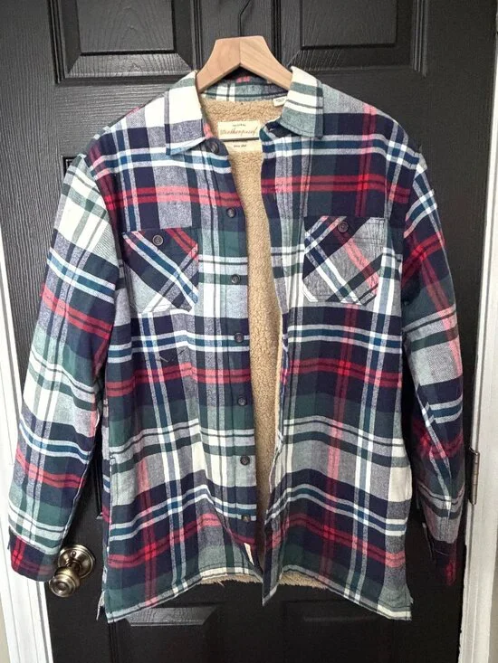 Original Vintage Mens Flannel Fleece Shacket Plaid Red Blue Medium