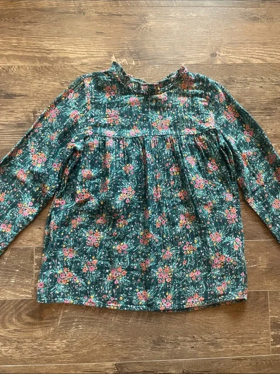 Cat & Jack Green Floral Long-Sleeve Blouse with Gold Lines Size XL