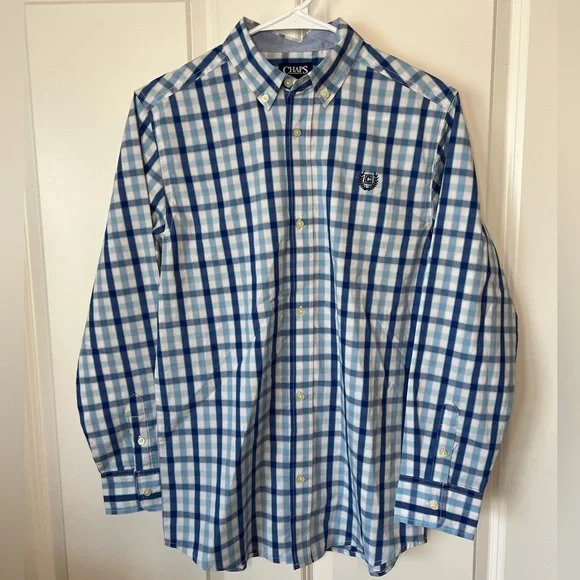 Chaps Boys Blue and White Plaid Button-Down Shirt