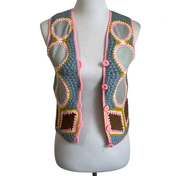 Vtg Fully Fashioned Youth Crochet Leather Suede Patchwork Vest Sz Med Multicolor