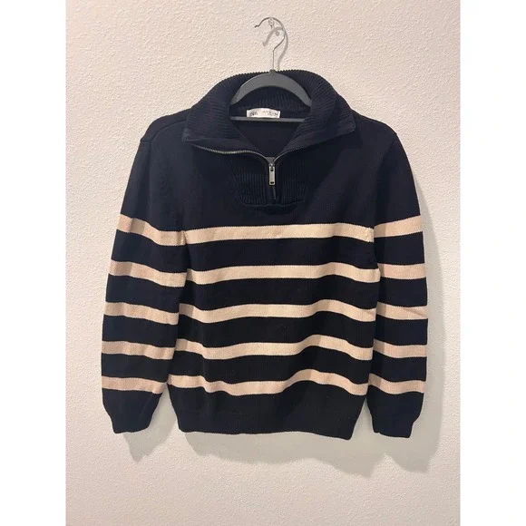 Zara Kids Boys Navy Blue/Tan Striped Quarter‎ Zip Sweater Size 11-12