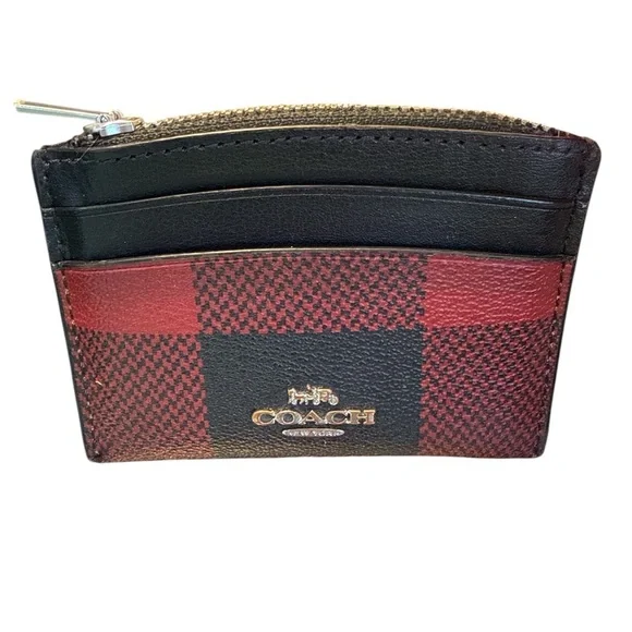 Coach Plaid Card Holder in Black and Red buffalo wallet designer coin clutch