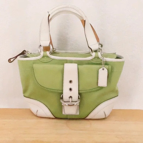 Vintage Y2K Coach Soho Buckle Satchel Bag Celery Green Canvas White Leather 1881