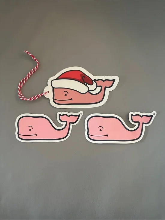 Vineyard Vines Pink Whale Holiday Tag/Decal and Two Whale Decals
