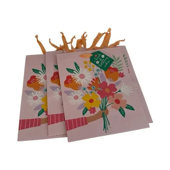 Spirit Pink Floral Gift Bags with Orange Handles  NWT