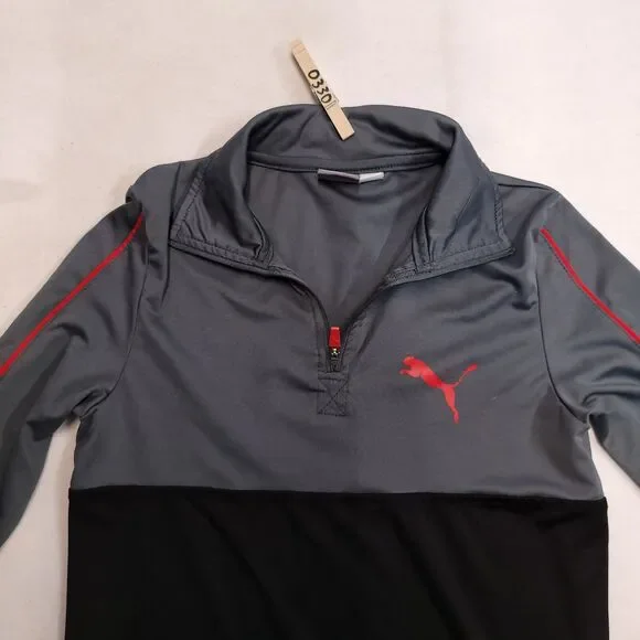 Puma Casual Long Sleeve Zip Collar Sweatshirt Youth Boys Size M Gray Black Red