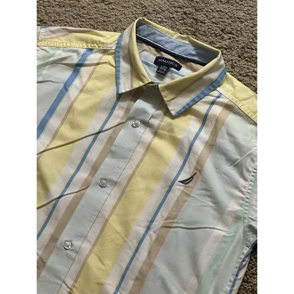 Youth Boys Nautica Short Sleeve Striped Button Up Shirt - Large 14/16