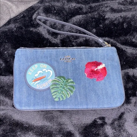 Coach Rare Blue Denim limited Wristlet with Hawaii Tropical Patches