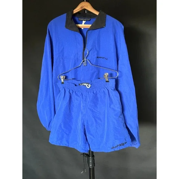 Vtg Vintage Surf Style L/XL Windbreaker Pullover + Shorts Electric Blue