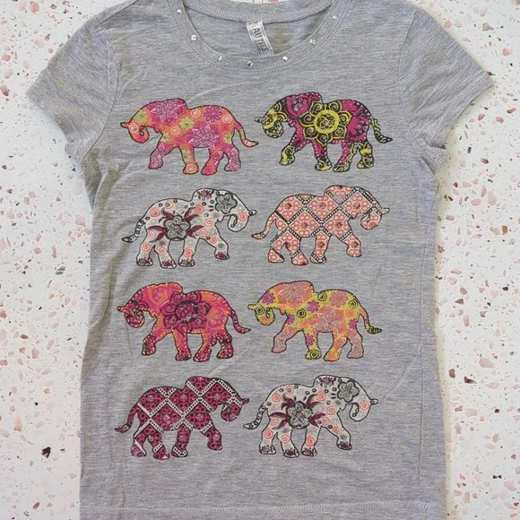 Beautees | Bohemian Elephants on Grey T-Shirt with Studded Neckline | M