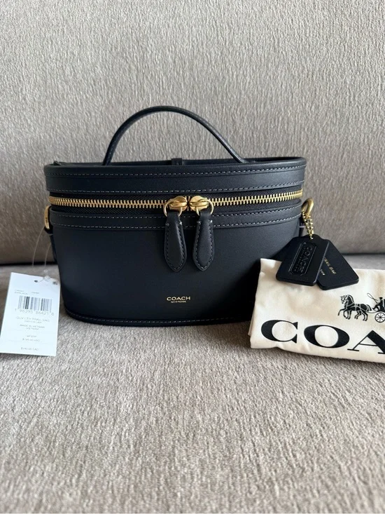 Coach Retail Trail Bag Black Leather Top-Handle Cosmetic Case Crossbody Bag
