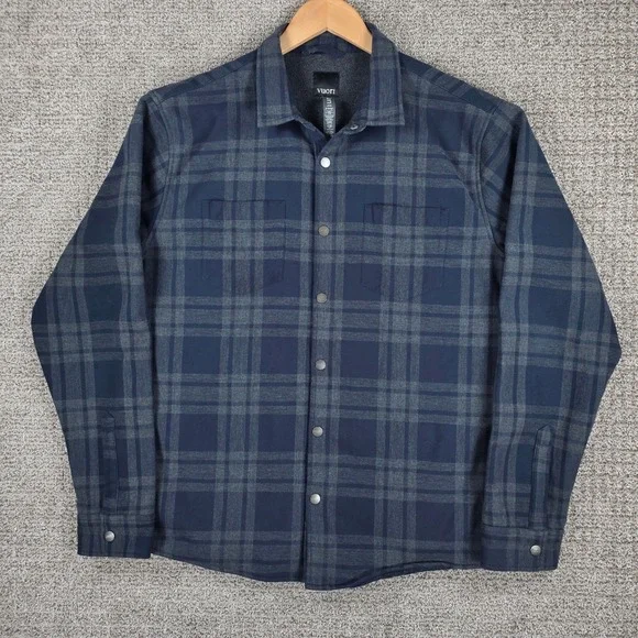 Vuori Coastside Mens XL Plaid Fleece Lined Snap Flannel Shirt Jacket Blue Gray