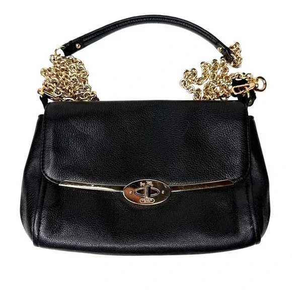 Coach Madison Black Pebbled Leather Turnlock‎ Shoulder Bag Gold Chain Strap