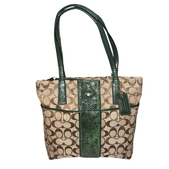 Vintage Coach Y2K Signature Canvas Tote Monogram Dark Green Leather Medium