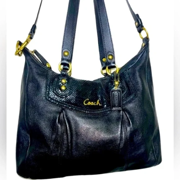 COACH Ashley Black Leather Python Trim Purse Shoulder Hobo Handbag F20104
