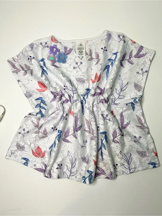 Disney White Eyelet Top with Purple, Blue & Coral Floral Accents Kaftan sleeves
