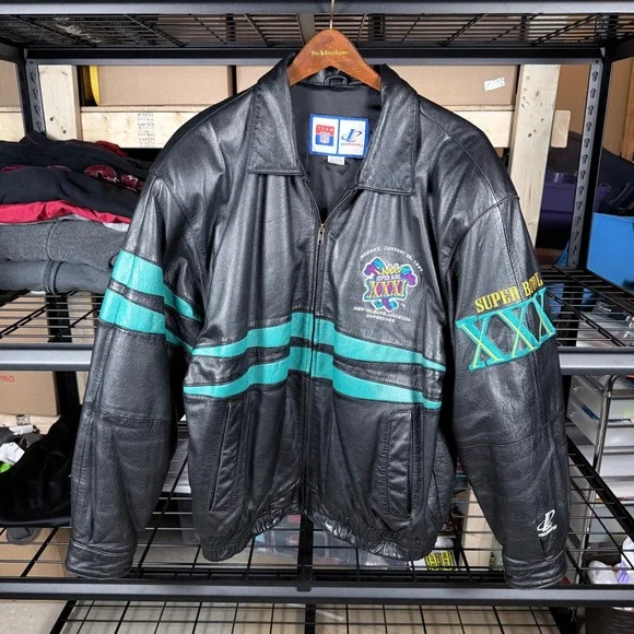 Vintage NFL Super Bowl XXXI Leather Jacket‎ Logo Athletic Men's L Black Teal