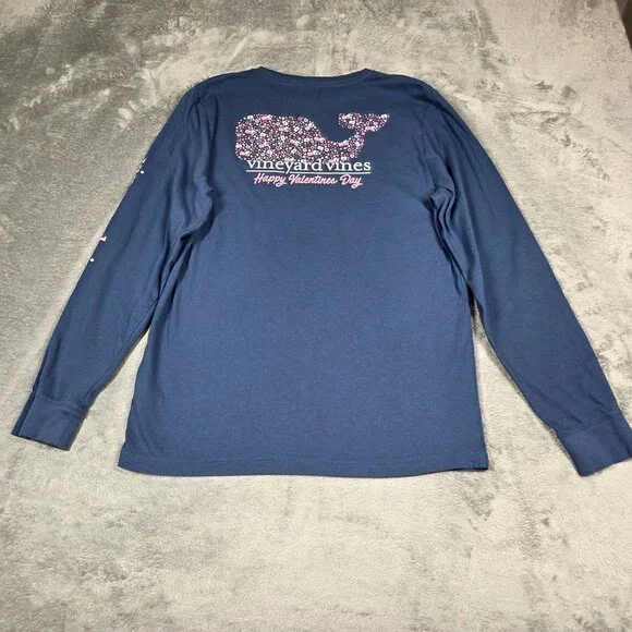 Vineyard Vines Top Girls Youth XL Navy Blue Valentines Day Whale Pocket Tee