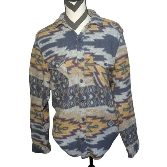 Raw Yarn Mens Aztec Southwest Fleece Button Up Shirt Jacket Large Tribal Print