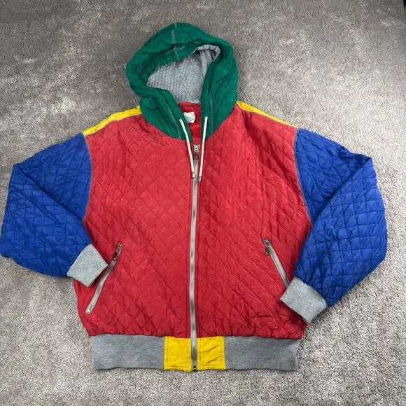 VTG Colorblock Quilted Silk Jacket Hooded Full Zip Size L St Johns Bay Sport