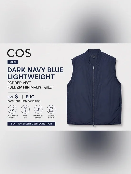 COS Mens Dark Navy Blue Lightweight Padded Vest Full Zip Minimalist Gilet Size S