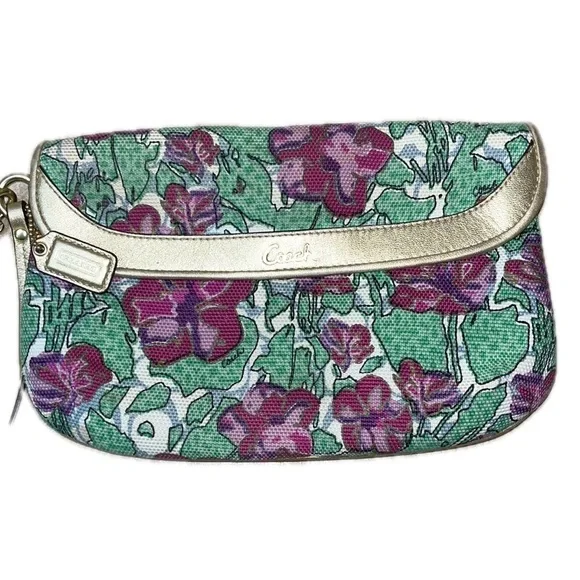 COACH Ashley Multicolor Floral Canvas Gold Leather Lg.Wristlet Wallet Clutch