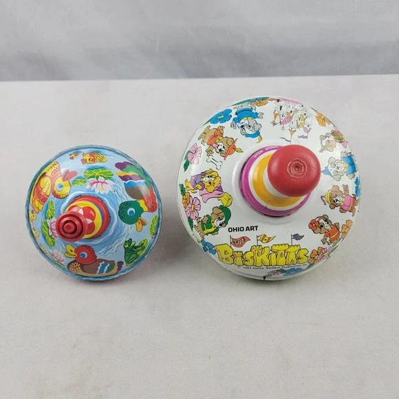 Set Of 2 Tin Metal Tops Ohio Art The Biskitts 1984 Hanna-Barbra And Ducks