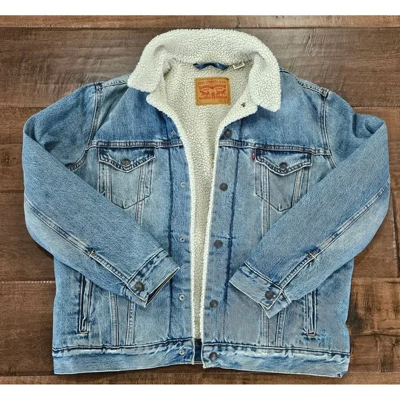 Western Boho Chore Mens Levis Sherpa  Denim Trucker Coat L Light Wash Retro