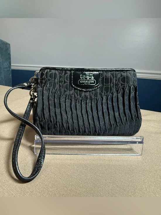 Coach Black Gathered Fabric Small Wristlet with Patent Trim