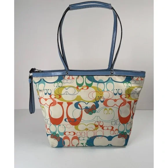 Coach Optic Signature Butterfly Leather Canvas Colorful Zip Tote Bag Purse Y2K