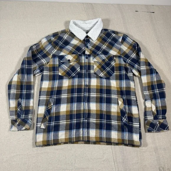 Hurley Jacket Mens Medium‎ Blue Plaid Snap Up Fleece Lined Flap Pockets