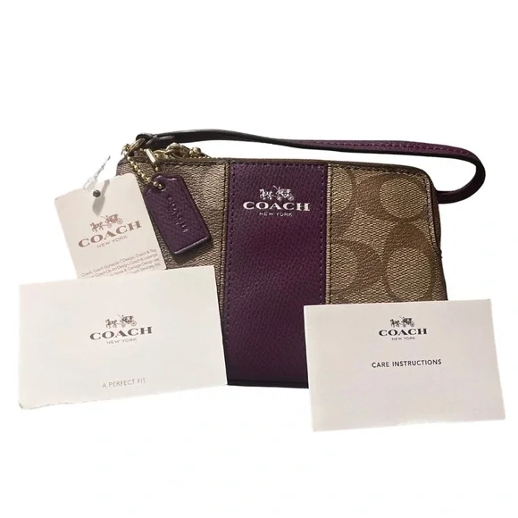 COACH F64233 Signature Coated Canvas Corner Zip Wristlet Purple Stripe