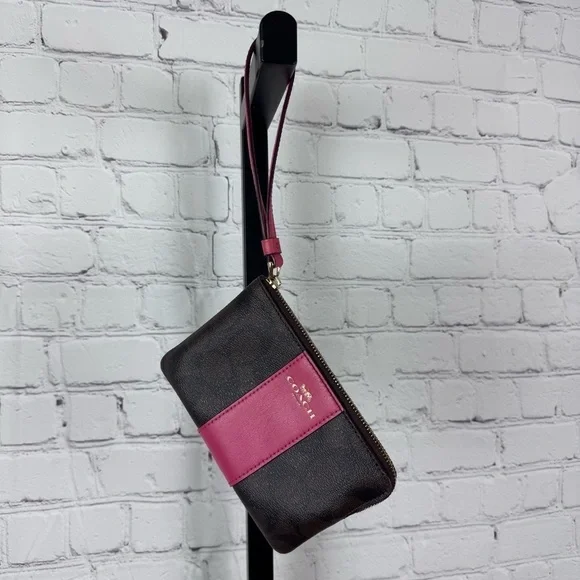 Coach Signature Leather Brown and Pink Corner Zip Wristlet