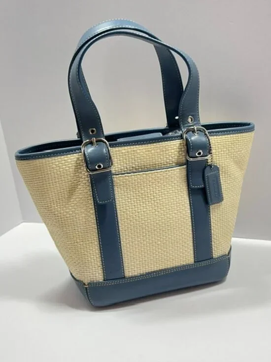 Vintage Coach Straw Basket Handbag with blue leather trim, Model B3K-8909