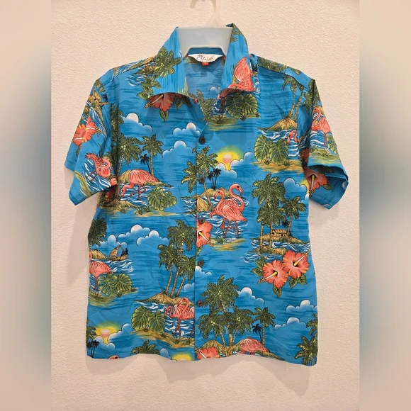 Orange and Blue Button Down Shirt with Tropical‎ Print