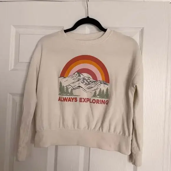 Wonder Nation Girls' Cream Graphic Sweatshirt with Rainbow and Mountain Design