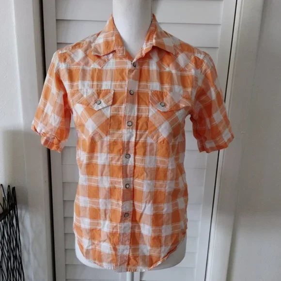 Polo Ralph Lauren Western orange plaid‎ pearl snap button closure short sleeve M