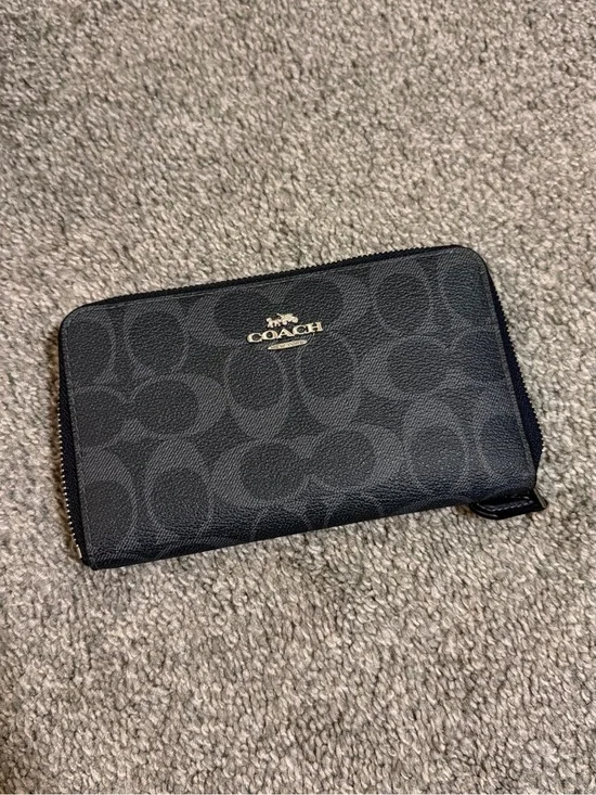 Coach Black Signature Zip Wallet with Gold Logo