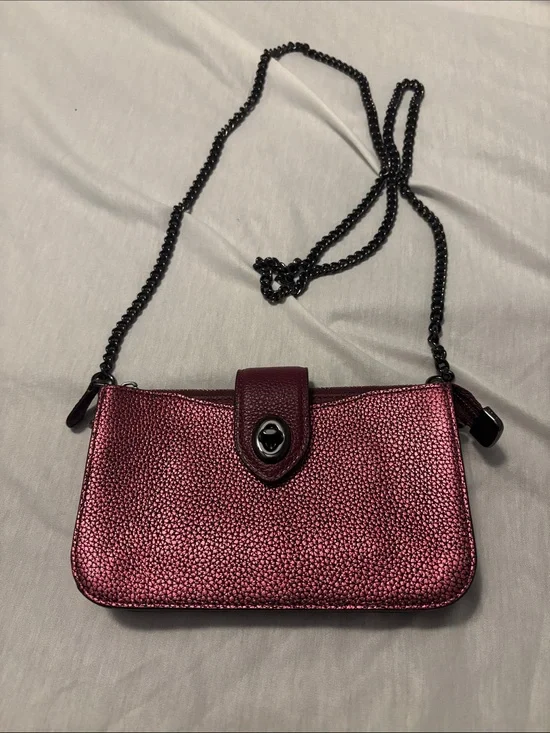 Coach Metallic Leather Turnlock Crossbody Berry Gunmetal Strap clutch wallet