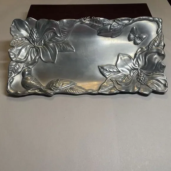 VTG 2000 Arthur Court Tray W/Magnolia, Bird & Butterfly  Silver With Box 11‎ X6