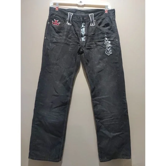 Black Label Black Wash Cinch Embroidery Patches Straight Leg Jeans Size 36