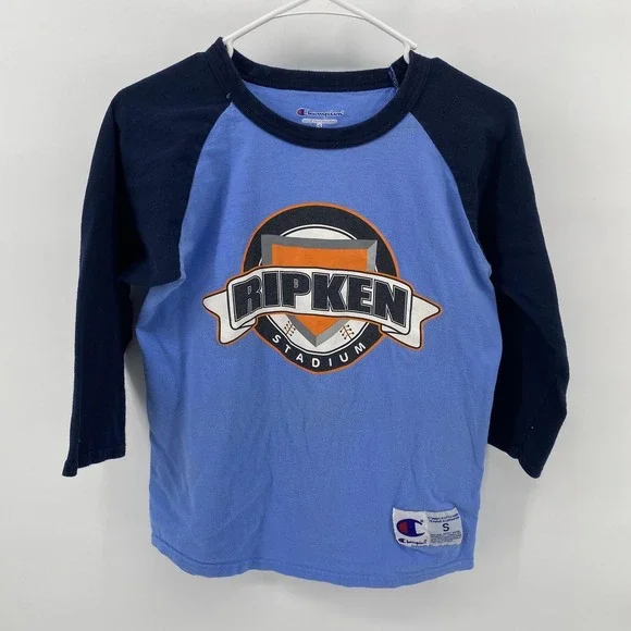 Champion Shirt Boys Small Blue Raglan Ripken‎ Stadium Baseball 3/4 Sleeve Tee